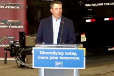 Nate Horner, shown here speaking Oct. 4, 2022 at Southland Trailers at Lethbridge, was named Oct. 21 as Alberta&#8217;s minister of agriculture and irrigation. (Alberta government video screengrab via YouTube)

