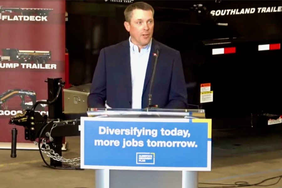 Nate Horner, shown here speaking Oct. 4, 2022 at Southland Trailers at Lethbridge, was named Oct. 21 as Alberta’s minister of agriculture and irrigation. (Alberta government video screengrab via YouTube)
