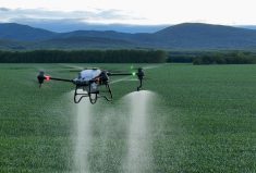 The DJI Agras 40 is the largest spraying drone available on the market this year. However, regulatory concern over drift has prevented drones such as these from legally being used for spray operations in Canada.