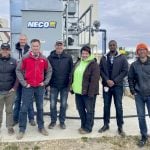 RDAR board director D’Arcy Hilgartner (in red jacket) hosted Ag Canada officials Abdullahi Keinan and Luka Kovacec (on right) to talk about climate-positive practices on Alberta farms. Joining them (from left) were producers Steven Trautman, Dieter Gaglemans and Curtis Snell, along with program manager Fiona Briody.