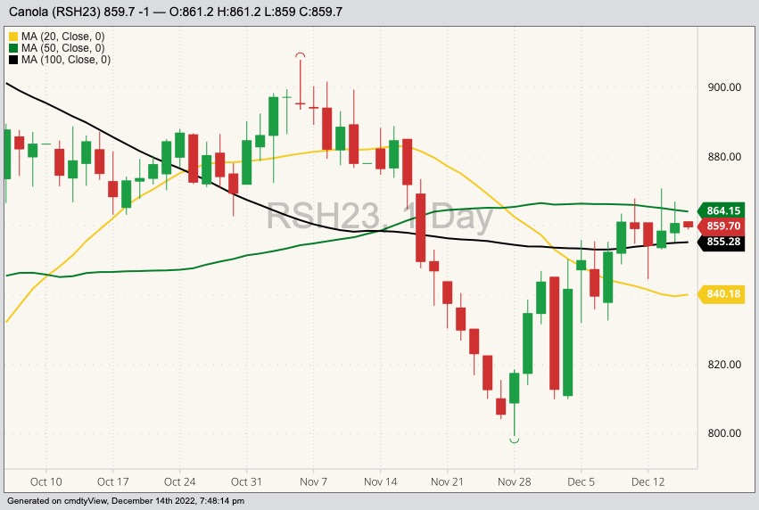 ICE March 2023 canola with 20-, 50- and 100-day moving averages. (Barchart)

