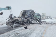 Vehicles are shown wrecked along the Highway 401/402 corridor near London, Ont. on Dec. 23, 2022. (Ontario Provincial Police photo via Twitter)
