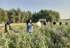 Linda Gorim (second from left) and her class at Shorty Fensky’s farm near Thorsby. Giving students the chance to get their hands dirty provides learning that a classroom alone simply can’t provide, says the assistant professor from the University of Alberta.