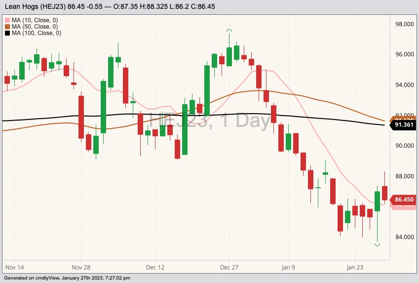 CME April 2023 lean hogs with 10-, 50- and 100-day moving averages. (Barchart)

