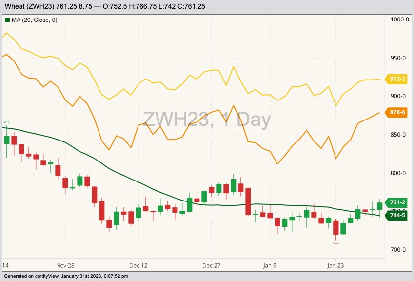 CBOT March 2023 soft red winter wheat with 20-day moving average, MGEX March 2023 hard red spring wheat (yellow line) and K.C. March 2023 hard red winter wheat (orange line). (Barchart)
