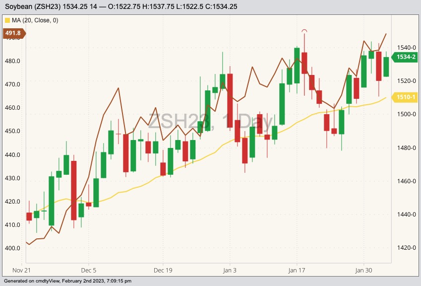 CBOT March 2023 soybeans with 20-day moving average (yellow line, right column) and CBOT March 2023 soymeal (brown line, left column). (Barchart)
