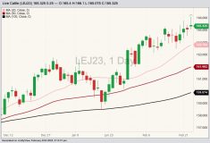 CME April 2023 live cattle with 20-, 50- and 100-day moving averages. (Barchart)
