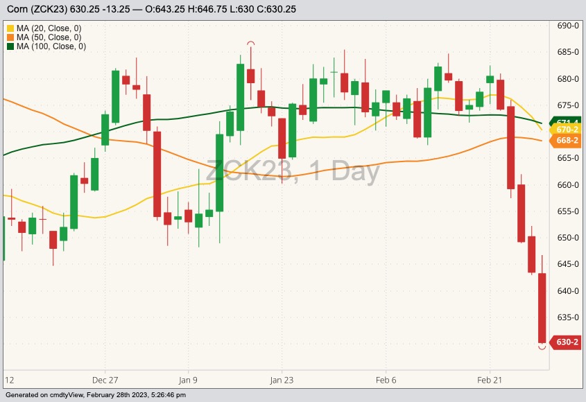 CBOT May 2023 corn with 20-, 50- and 100-day moving averages. (Barchart)
