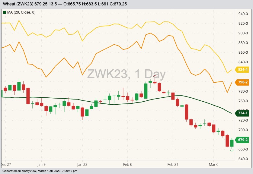 CBOT May 2023 soft red winter wheat with 20-day moving average, MGEX May 2023 hard red spring wheat (yellow line) and K.C. May 2023 hard red winter wheat (orange line). (Barchart)

