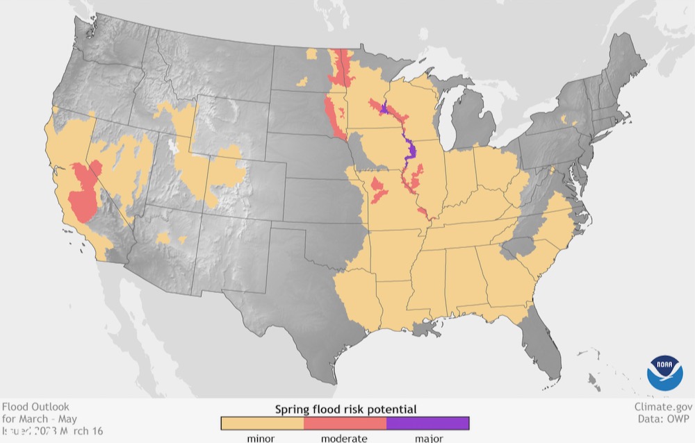 The U.S. National Oceanic and Atmospheric Administration’s spring 2023 flood outlook, issued March 16 and covering the spring period through May, calls for risk of “moderate to major” flooding along the Mississippi River from Minneapolis to St. Louis, but also shows “moderate” flood risk along the Red River, which forms the North Dakota-Minnesota state line and flows northward into Lake Winnipeg. (NOAA)
