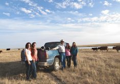 Finding people to work in beef processing is a huge issue, says Colleen Biggs, pictured with husband Dylan and their daughters Jocelyn (far left), Maria (centre), and Hanna (right) on TK Ranch.