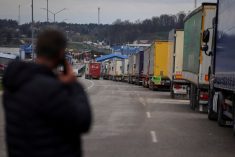 Trucks wait for crossing into Poland at the Rava-Ruska border checkpoint in Ukraine&#8217;s Lviv region on April 17, 2023. (Photo: Reuters/Roman Baluk)
