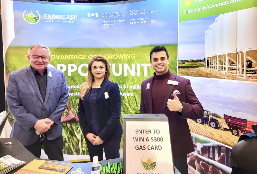 Tom Steve, Syeda Khurram and Hasan Kazmi (on right) pictured at the Western Canadian Crop Production Show in Saskatoon in January 2022. The trio were abruptly dismissed late last month and Alberta Wheat and Alberta Barley refuse to say anything about the removal of the senior management team.