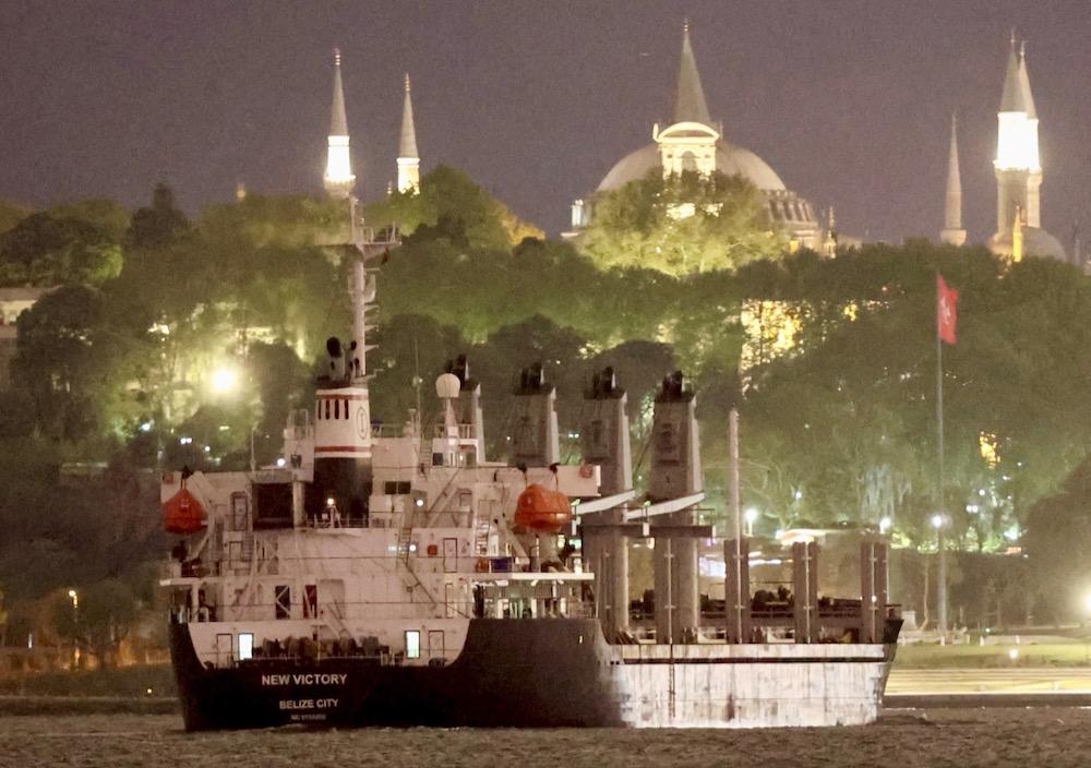 A Belize-flagged bulker, carrying grain under UN’s Black Sea Grain Initiative, transits the Bosphorus at Istanbul on May 12, 2023. (File photo: Reuters/Yoruk Isik)
