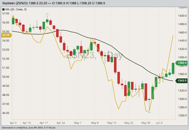 CBOT July 2023 soybeans with 20-day moving average (dark green line, right scale) and CBOT July 2023 soybean oil (yellow line, left scale). (Barchart)
