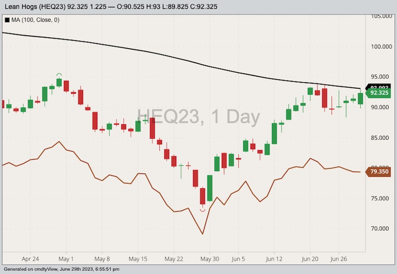 CME August 2023 lean hogs with 100-day moving average and October 2023 lean hogs (brown line). (Barchart)
