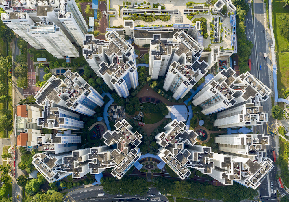 An overhead view of public housing complex in Singapore.
