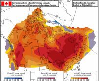 Forecast probability of temperatures above, below and/or near normal for the period from July through September 2023, based on three equiprobable categories from 1991-2020 climatology. (Weather.gc.ca)
