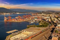 Aerial view of Centerm, a Burrard Inlet terminal for containerized cargo at the Port of Vancouver. (Bloodua/iStock/Getty Images)