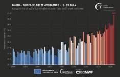 This graphic shows the average global temperature from July 1-23 from 1940-2023. July 2023 is on pace to be the hottest July on record globally.