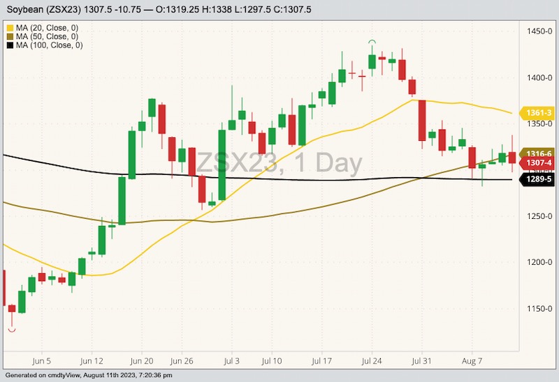 CBOT November 2023 soybeans with 20-, 50- and 100-day moving averages. (Barchart)
