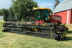 A New Holland Speedrower 260 Plus windrower unit, outfitted with Honey Bee&#8217;s WSC30 header. (Media.CNHIndustrial.com)
