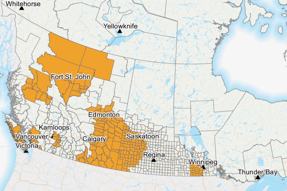 Close-up from the federal government’s initial assessment map for the livestock tax deferral provision for the 2023 tax year as of Aug. 10. (AAFC map)
