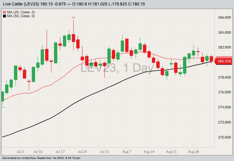 CME October 2023 live cattle with 20- and 50-day moving averages. (Barchart)
