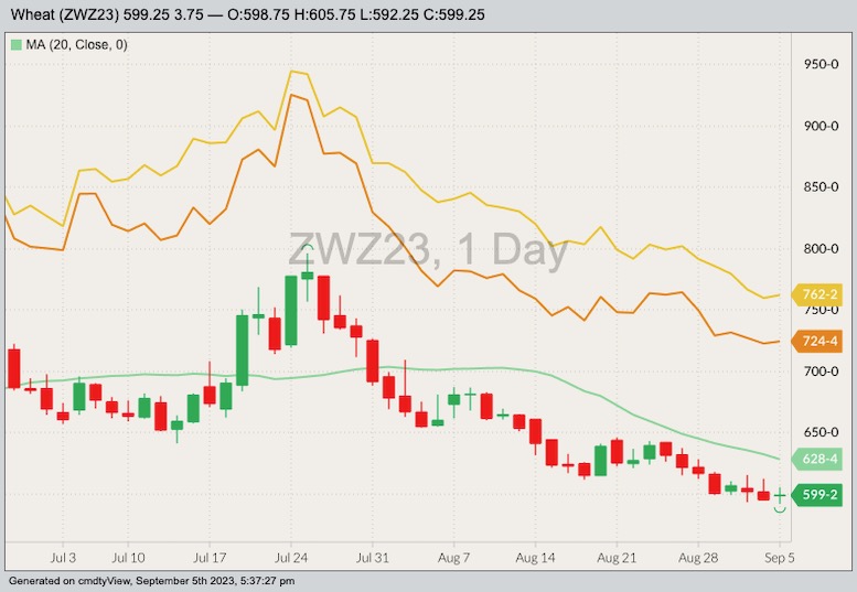 CBOT December 2023 soft red winter wheat with 20-day moving average, MGEX December 2023 hard red spring wheat (yellow line) and K.C. December 2023 hard red winter wheat (orange line). (Barchart)

