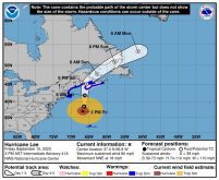 The U.S. National Hurricane Center’s forecast cone for the storm centre of Hurricane Lee, issued at 2 p.m. AT on Sept. 15, 2023. (NHC/USA Today Network via Reuters)