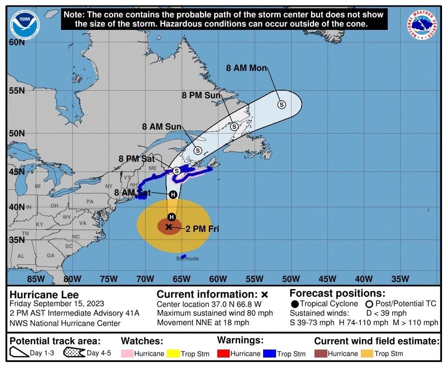 The U.S. National Hurricane Center’s forecast cone for the storm centre of Hurricane Lee, issued at 2 p.m. AT on Sept. 15, 2023. (NHC/USA Today Network via Reuters)
