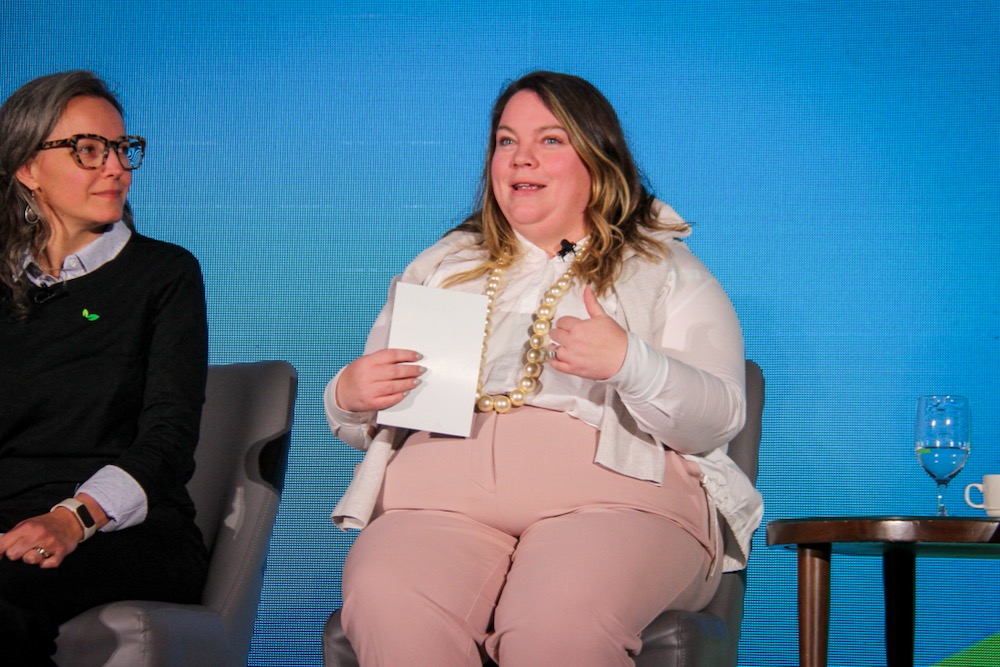 Brenna Mahoney, general manager of Keystone Agriculture Producers, speaks during a panel discussion at the Agriculture Enlightened conference in Winnipeg on Oct. 26. (Geralyn Wichers photo)
