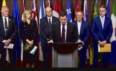 Keith Currie, president of the Canadian Federation of Agriculture, Jennifer Babcock, government and public affairs for the Canadian Cattle Association, Jan VanderHout, president of the Fruit and Vegetable Growers of Canada, Rick White, president of the Canadian Canola Growers Association and Kyle Larking, executive director of Grain Growers of Canada, listen as Kody Blois, chair of the House of Commons agriculture committee (centre), talks about his new private member’s bill Oct.19. 