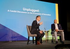 FCC’s J.P. Gervais (left) and Fred Wall (right) discuss productivity at the Agriculture Enlightened conference in Winnipeg Oct. 26.
