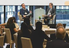 Peter Dhillon (left) speaks at the Arrell Food Summit on Nov. 14.