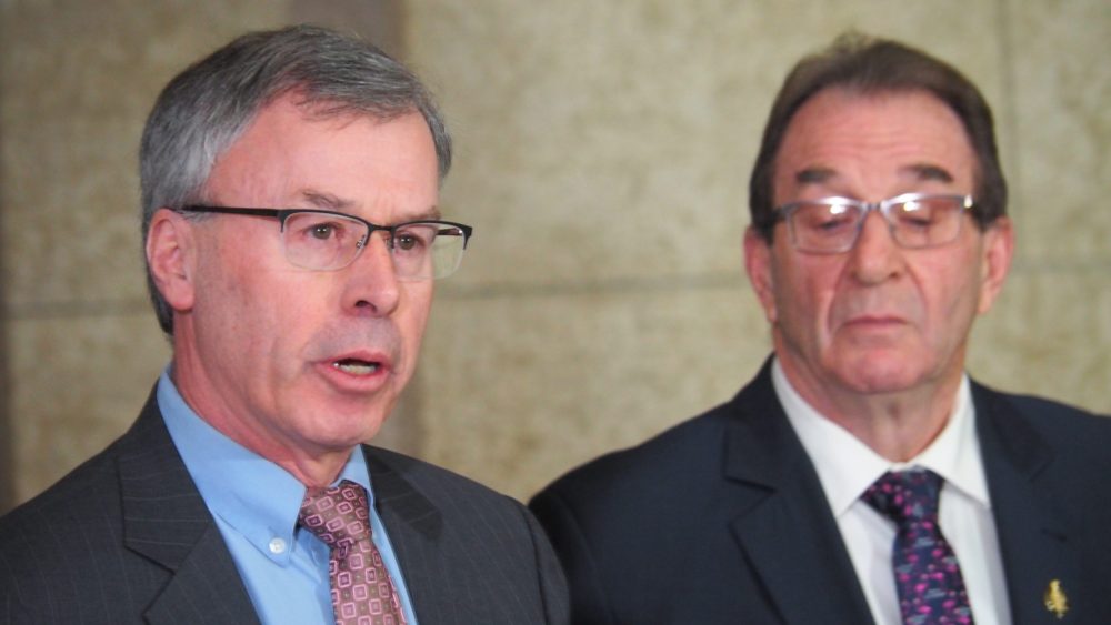 Azure Sustainable Fuels Corp. president and CEO Douglas Cole speaks at a news conference at the Manitoba Legislature on Dec. 19 as Manitoba agriculture minister Ron Kostyshyn looks on. Photo: Don Norman.
