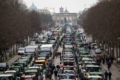 Farmers protest Dec. 18 in front of the Brandenburg Gate. This was prompted by the German government&#8217;s plans to abolish the agricultural diesel tax and the motor vehicle tax exemption for agriculture and forestry. Photo: Fabian Sommer/dpa via Reuters Connect.
