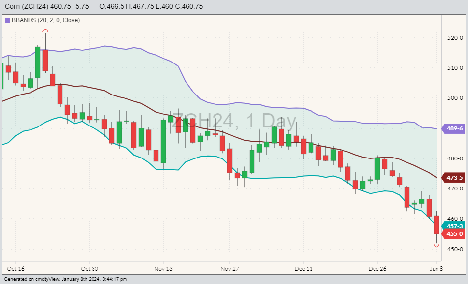 Corn ZCH24 on Jan. 8, with Bollinger bands. (Barchart)
