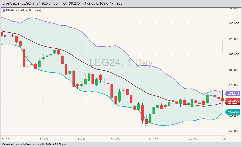 Live cattle LEG24 on Jan. 8, 2024, with Bollinger bands. (Barchart)
