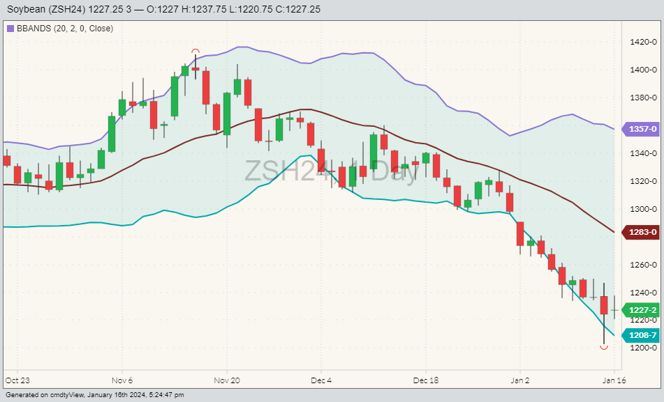 CME live cattle LEJ24 on Jan. 17, 2024, with Bollinger bands. (Barchart)
