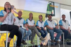 Bayer&#8217;s &#8220;canola dream team&#8221; at Ag in Motion (l-r): panel moderator and DeKalb campaign marketing lead Nikki Vercaigne with Dale Burns, Liz Simpson, Xuehua Zhang, Tim Darragh and Tim Gardner. Photo: Dave Bedard
