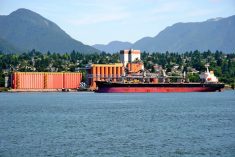 A ship docked at the Port of Vancouver. Grain terminal workers at the Port of Vancouver walked off the job on Sept. 24, causing the second disruption to Canada’s grain transportation system in the past two months.