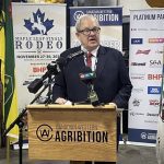 Federal Agriculture Minister Lawrence MacAulay speaks to media at Canadian Western Agribition on Nov. 25, 2025. PHOTO: KAREN BRIERE