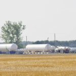 Anhydrous ammonia fertilizer tanks parked on a lot in southern Manitoba. Fertilizer emissions have been one target of federal greenhouse gas policy.