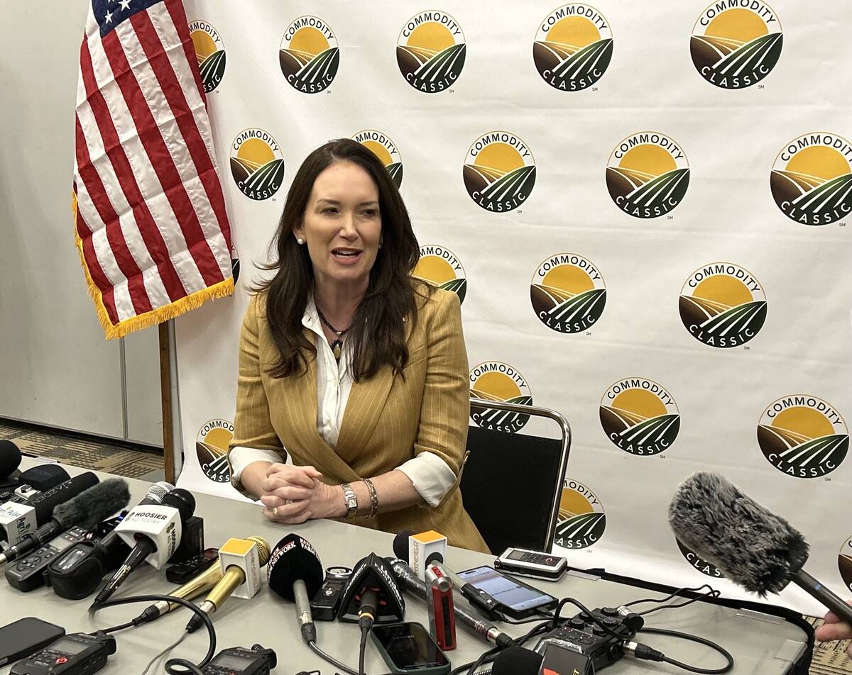 U.S. agriculture secretary Brooke Rollins speaks to the media at the Commodity Classic in Denver. Rollins says she is concerned about the United States’ trade deficit in agricultural goods and plans to do something about it | Robert Arnason photo
