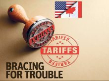 Graphic showing a half-U.S.-half-Canada flag above a "tariffs" stamp and the words, "Bracing for Trouble" below.