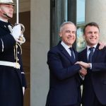 Prime Minister Mark Carney is warmly greeted by French president Emmanuel Macron on his first trip abroad as Canadian Prime Minister. Photo: Screencap via x.com/@EmmanuelMacron