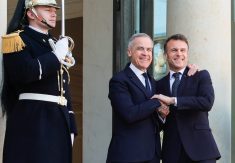 Prime Minister Mark Carney is warmly greeted by French president Emmanuel Macron on his first trip abroad as Canadian Prime Minister. Photo: Screencap via x.com/@EmmanuelMacron
