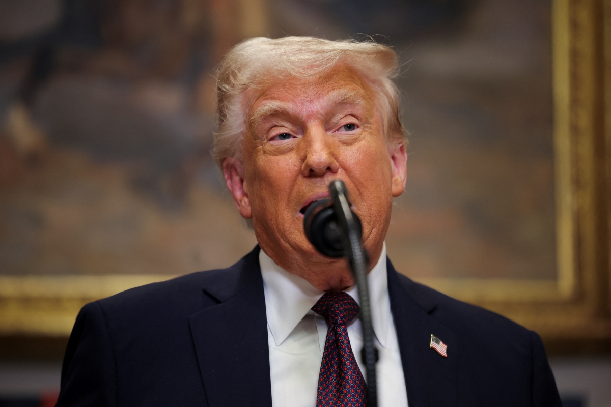 U.S. President Donald Trump delivers remarks, in the Roosevelt Room at the White House, in Washington, D.C., U.S., March 24, 2025. REUTERS/Carlos Barria
