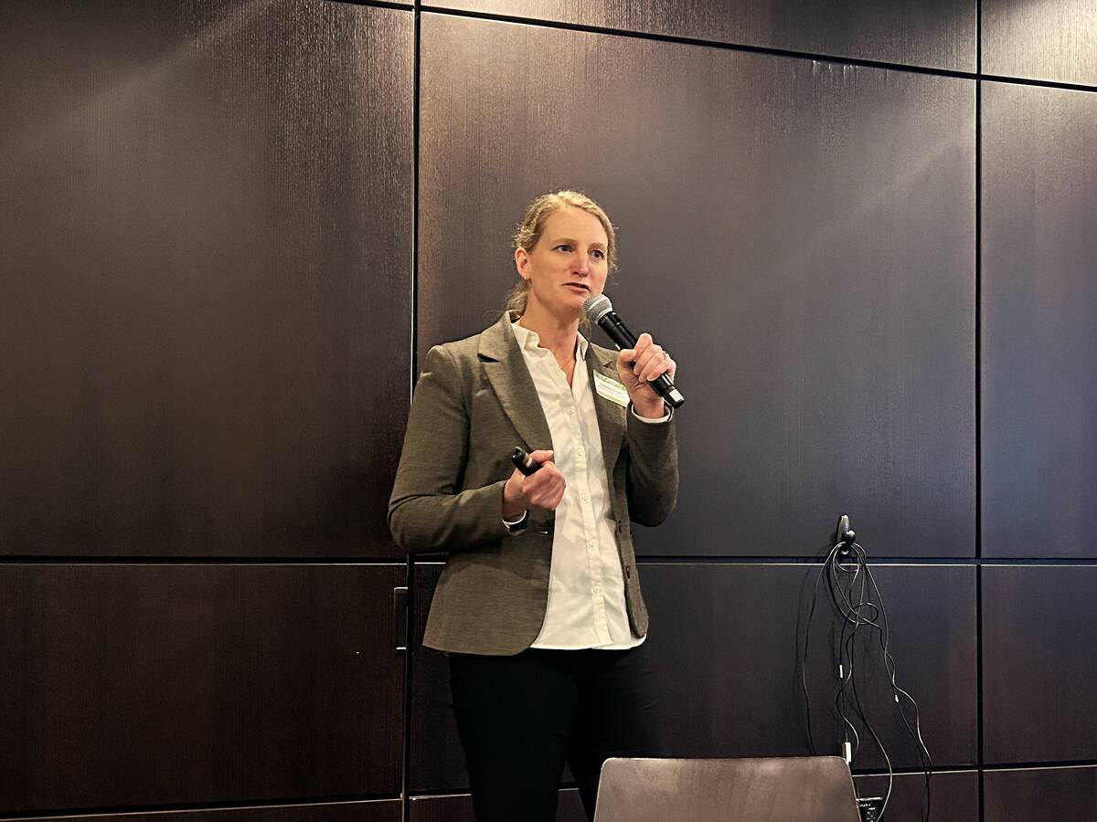 Agriculture and Agri-Food Canada research Christina Eynck shares camelina research at Diverse Field Crops Cluster Research day 2025 in March.
Photo: Janelle Rudolph